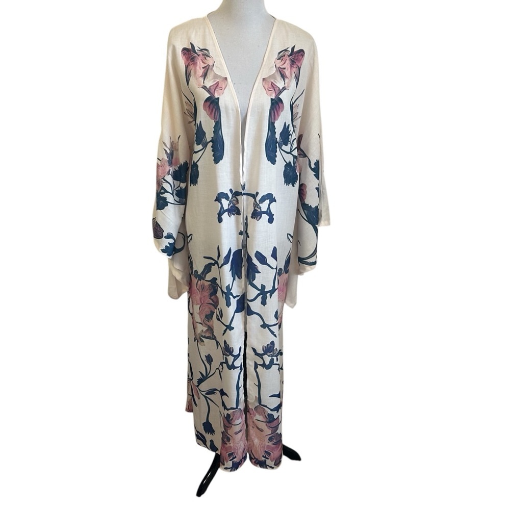 Bonne Journee Womens Floral Kimono Robe Sz 1 Sm/Med? Cream Exaggerated Sleeve